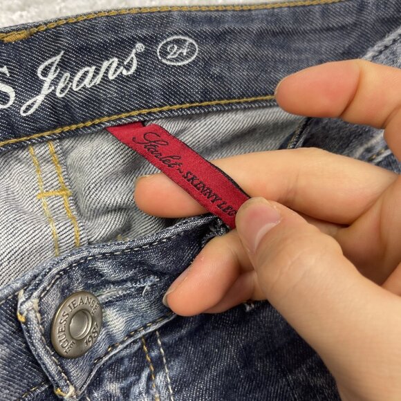 Y2K GUESS Jeans Sz 24 Distressed Low Rise STARLET Skinny Leg Dark Blue - Picture 6 of 15